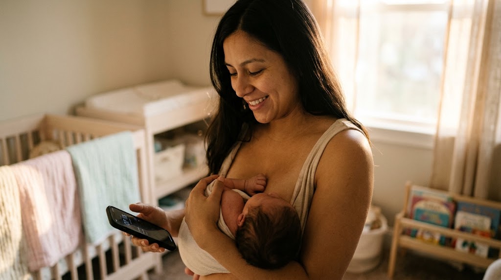 Parent holding sleeping newborn skin-to-skin in a softly lit room