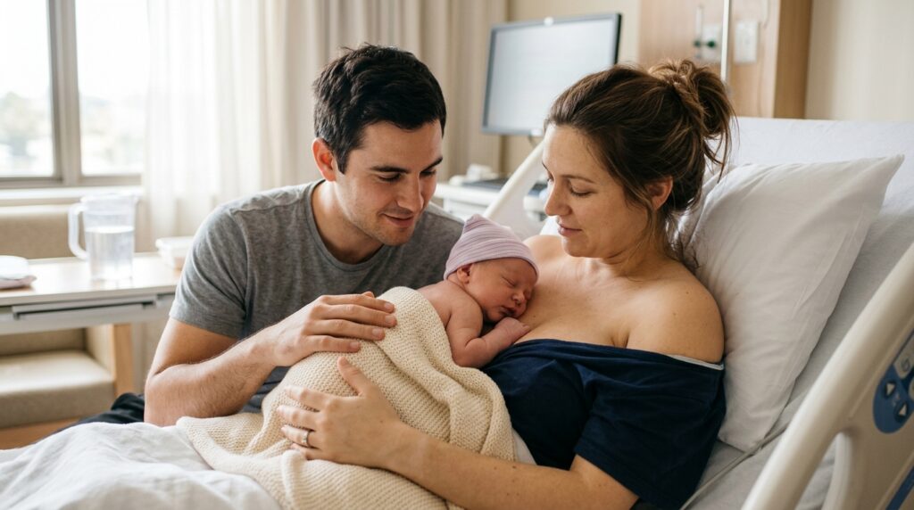 Mother and father holding their newborn baby skin-to-skin to regulate temperature and provide comfort.