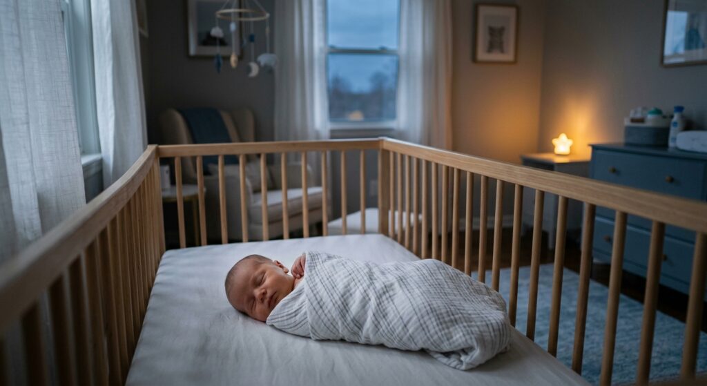 Baby sleeping peacefully on their back in a quiet, dimly lit nursery room