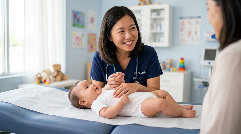 Pediatrician examining a healthy baby during a routine checkup