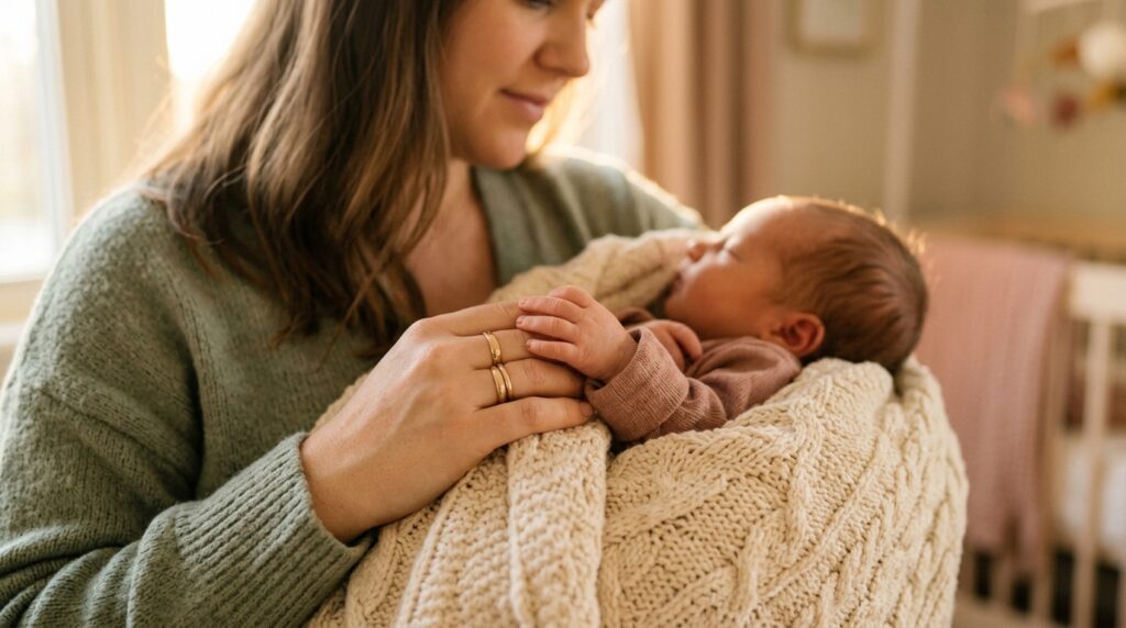 New mother's hand gently holding tiny sleeping newborn's hand in warm light, illustrating tenderness of the first months