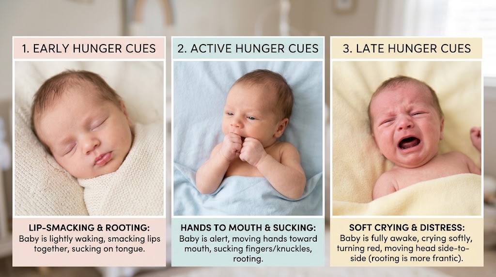 Three-panel photo diagram illustrating early, mid, and late newborn hunger cues