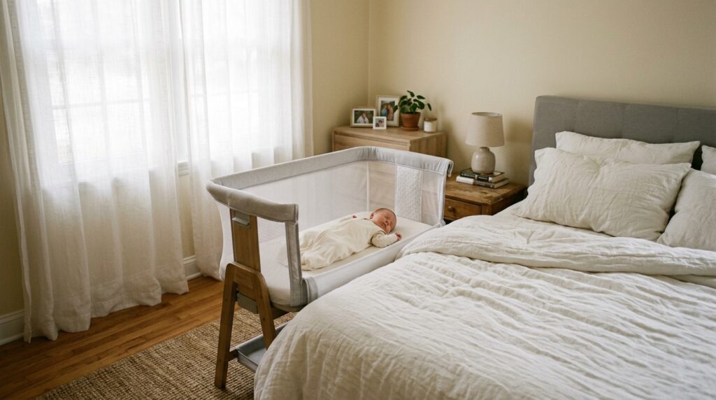 Proper room-sharing setup showing a standalone bedside crib placed adjacent to an adult bed on a flat surface