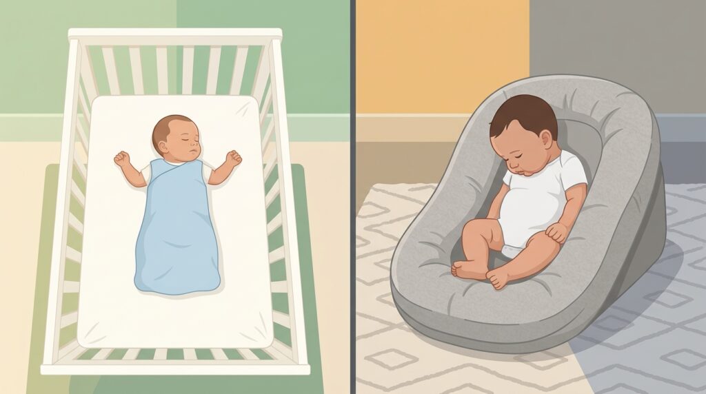 Comparison diagram showing a safe firm flat crib mattress versus an unsafe inclined surface causing head slumping