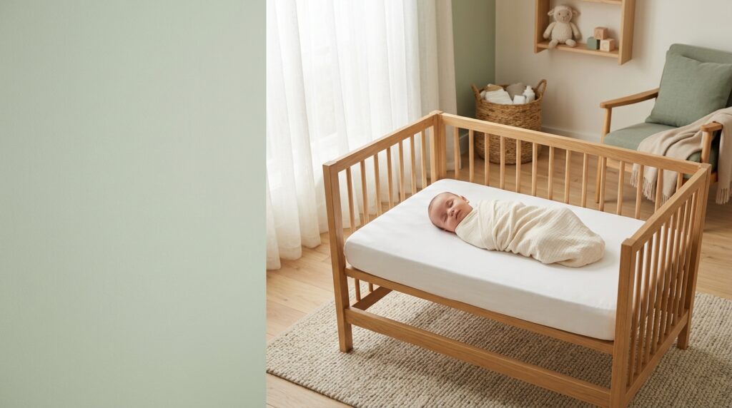 Infant sleeping safely on their back in a bare wooden crib inside a modern nursery.