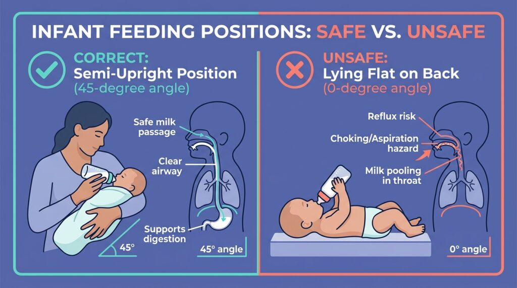  Educational infographic illustrating the safe semi-upright dream feeding angle versus the unsafe flat angle.

