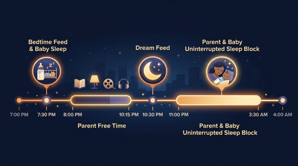Visual evening schedule timeline displaying a bedtime feed, a 10:30 PM dream feed, and the parent sleep block.