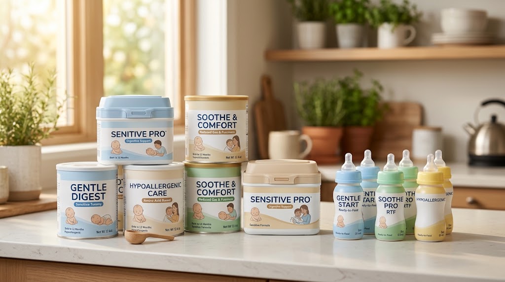 Assortment of sensitive stomach, gentle, and hypoallergenic baby formula containers on a counter.