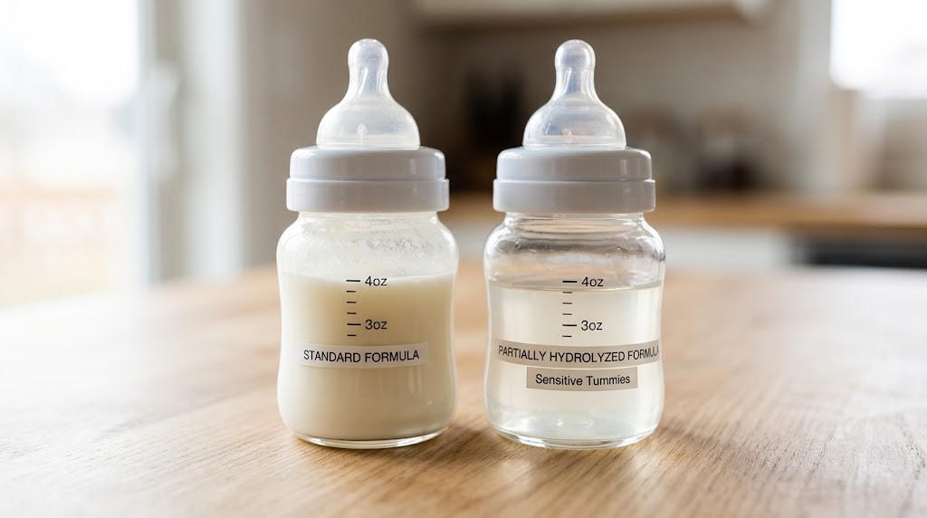 Side-by-side baby bottles showing differences between standard infant formula and hydrolyzed formula for sensitive stomach