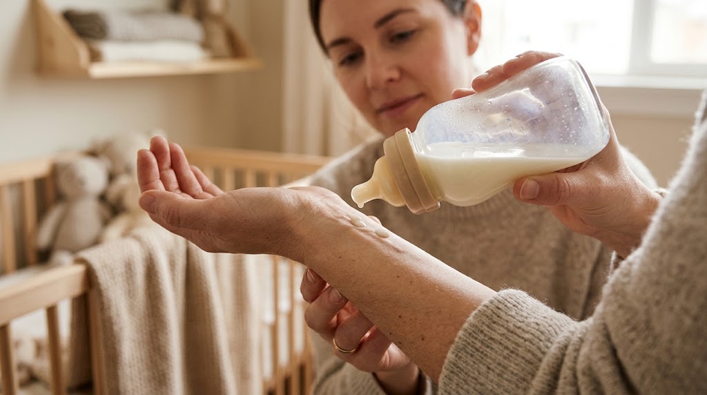 Parent testing warm baby formula milk temperature with a wrist drip test before feeding