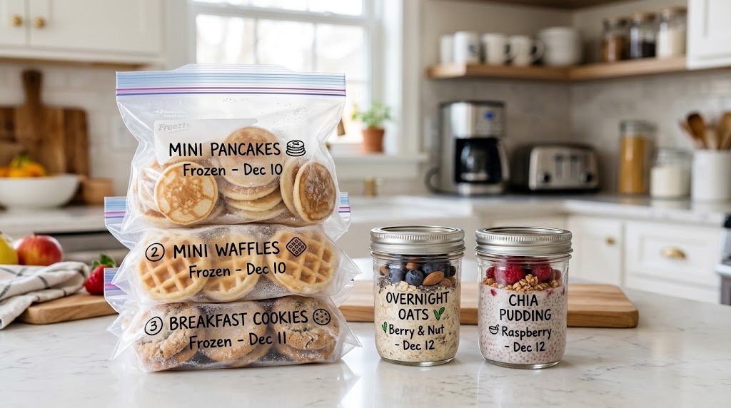 Freezer bags and glass jars holding pre-portioned frozen and fridge toddler breakfasts.