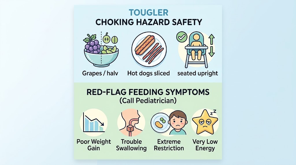 An infographic summarizing toddler choking safety rules and medical feeding red flags