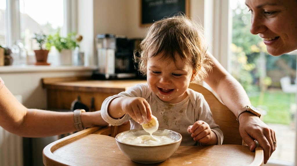 A happy toddler dipping banana into yogurt with a smiling parent close by
