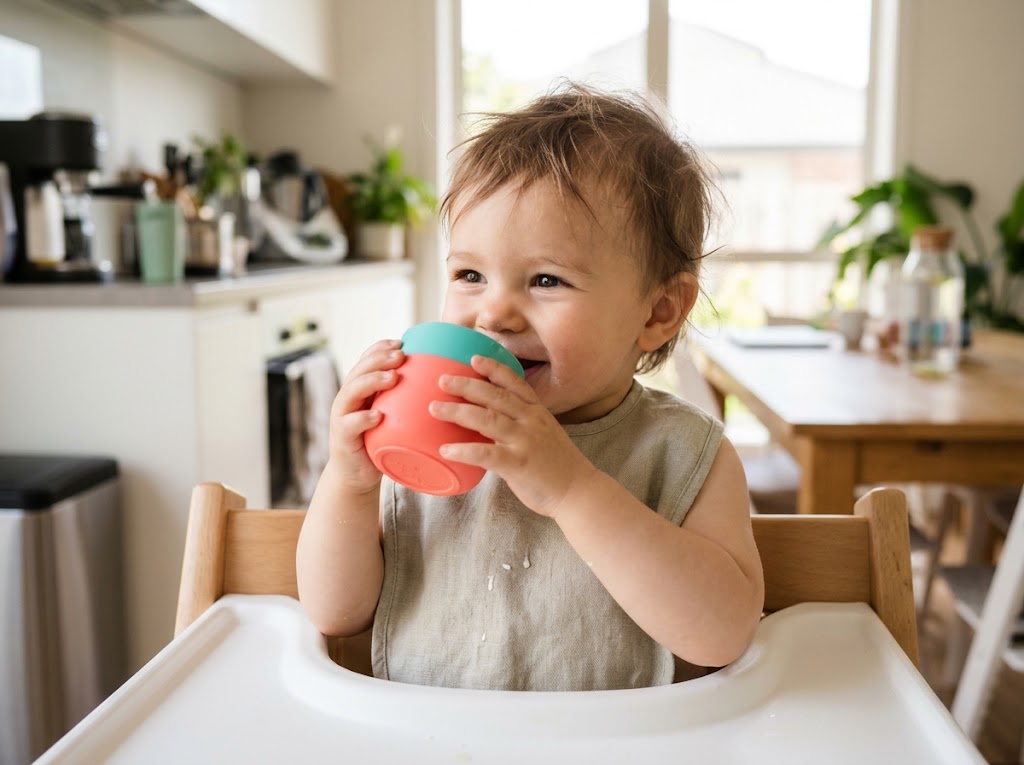 A happy one-year-old toddler smiling while drinking milk independently from a colorful open cup