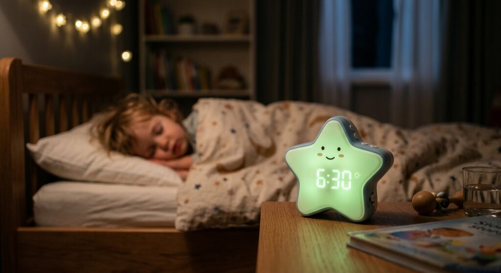 A toddler sleep training clock glowing soft green on a nightstand beside a sleeping child.