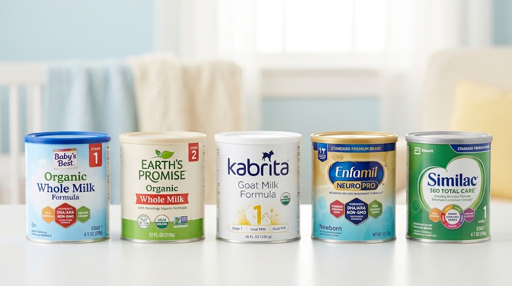 Product lineup comparing top baby formula brands closest to breast milk including Bobbie, Kendamil, and Similac