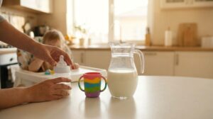 A parent and toddler's hands at a kitchen table with a pitcher of milk, a colorful cup, and a baby bottle.