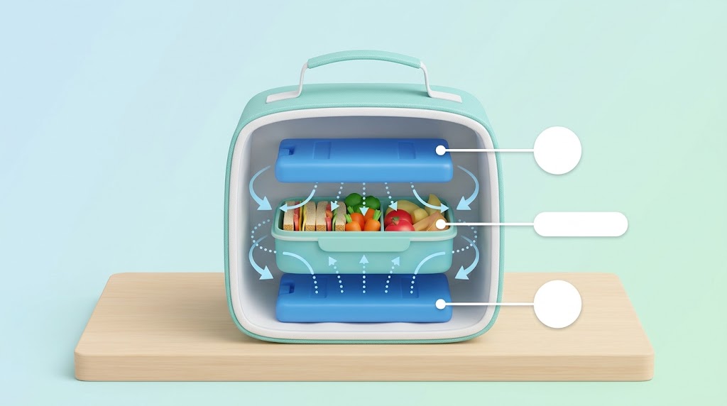Diagram showing two ice packs placed above and below a toddler lunchbox inside an insulated bag for safety