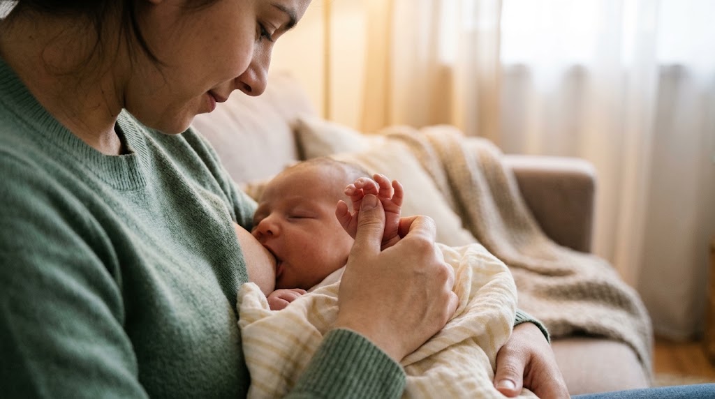 Parent using the Babkin reflex on a newborn's hand during feeding