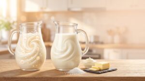 Infant formula and breast milk comparison on sunlit counter with lactose and milk fat ingredients visually represented
