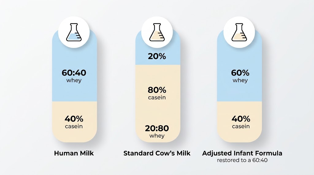Graphic showing whey to casein protein ratios in breast milk, cow milk, and closest formula to breast milk