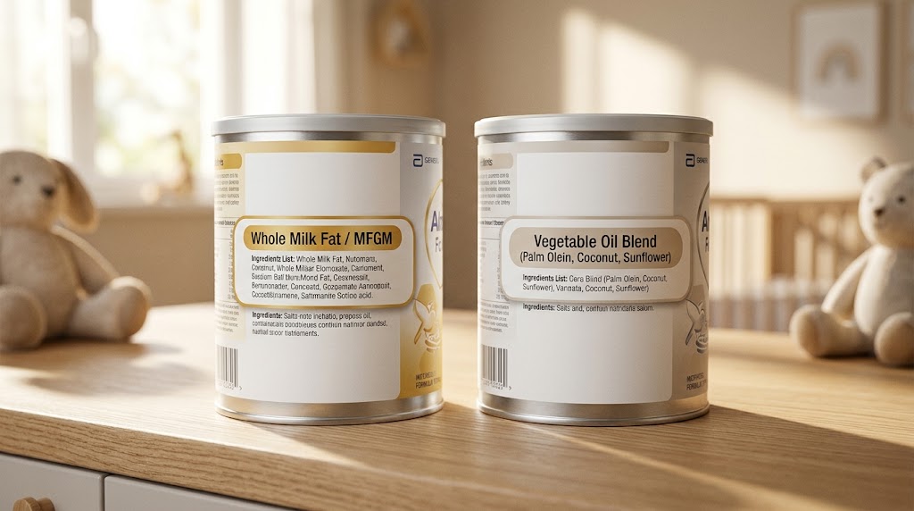 Close-up comparison of infant formula ingredient labels showing whole milk fat versus vegetable oil blends