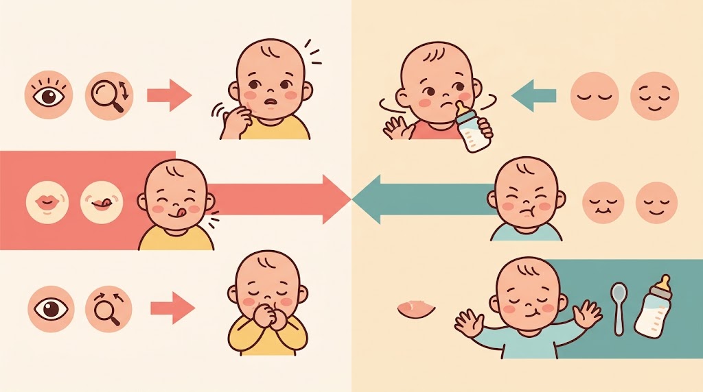 Visual guide comparing early infant hunger cues and fullness cues.